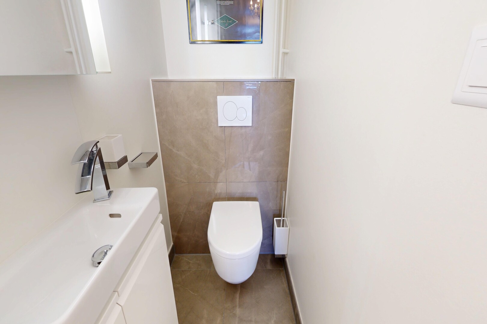 bathroom featuring vanity, light tile patterned floors, and tile walls