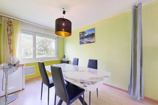 esszimmer mit natural light, natürliches licht, wood finish floor, holzfußboden, und drywall
