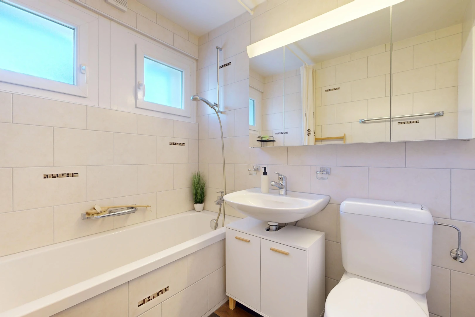 bad mit komplettes badezimmer, spiegel, kombiniertes bad / dusche, waschbecken, und toilette
