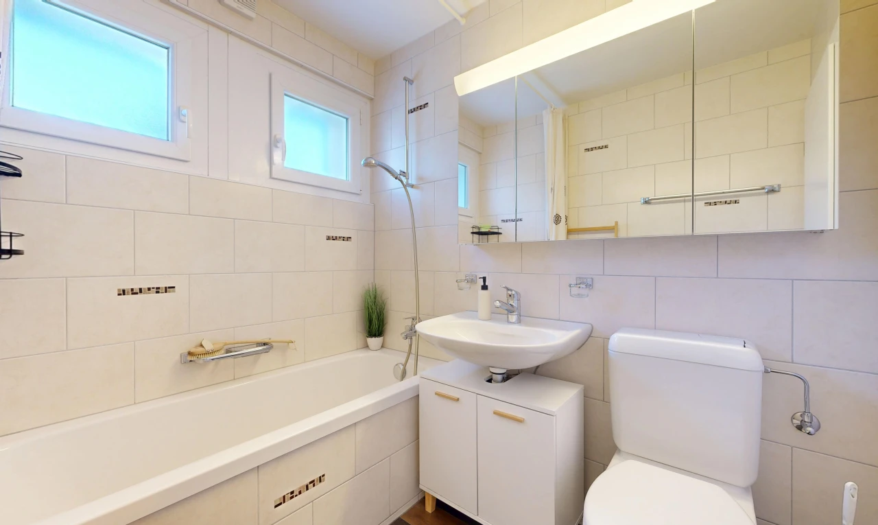 bad mit komplettes badezimmer, spiegel, kombiniertes bad / dusche, waschbecken, und toilette