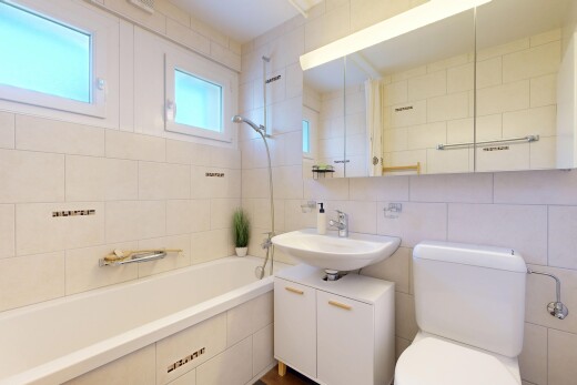 bad mit komplettes badezimmer, spiegel, kombiniertes bad / dusche, waschbecken, und toilette
