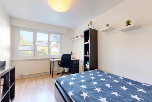 zimmer / schlafzimmer mit bürobereich, drywall, gipskartonwand, kühler, und wood finish floor