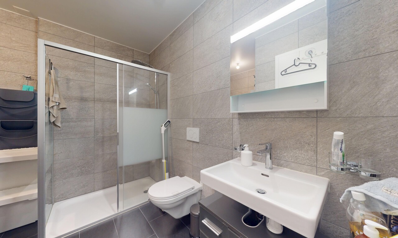 salle de bains avec mur en carrelage, tile wall, inside property, tile shower, et miroir