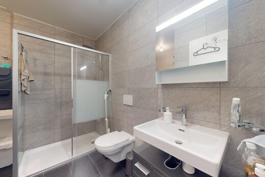 salle de bains avec mur en carrelage, tile wall, inside property, tile shower, et miroir