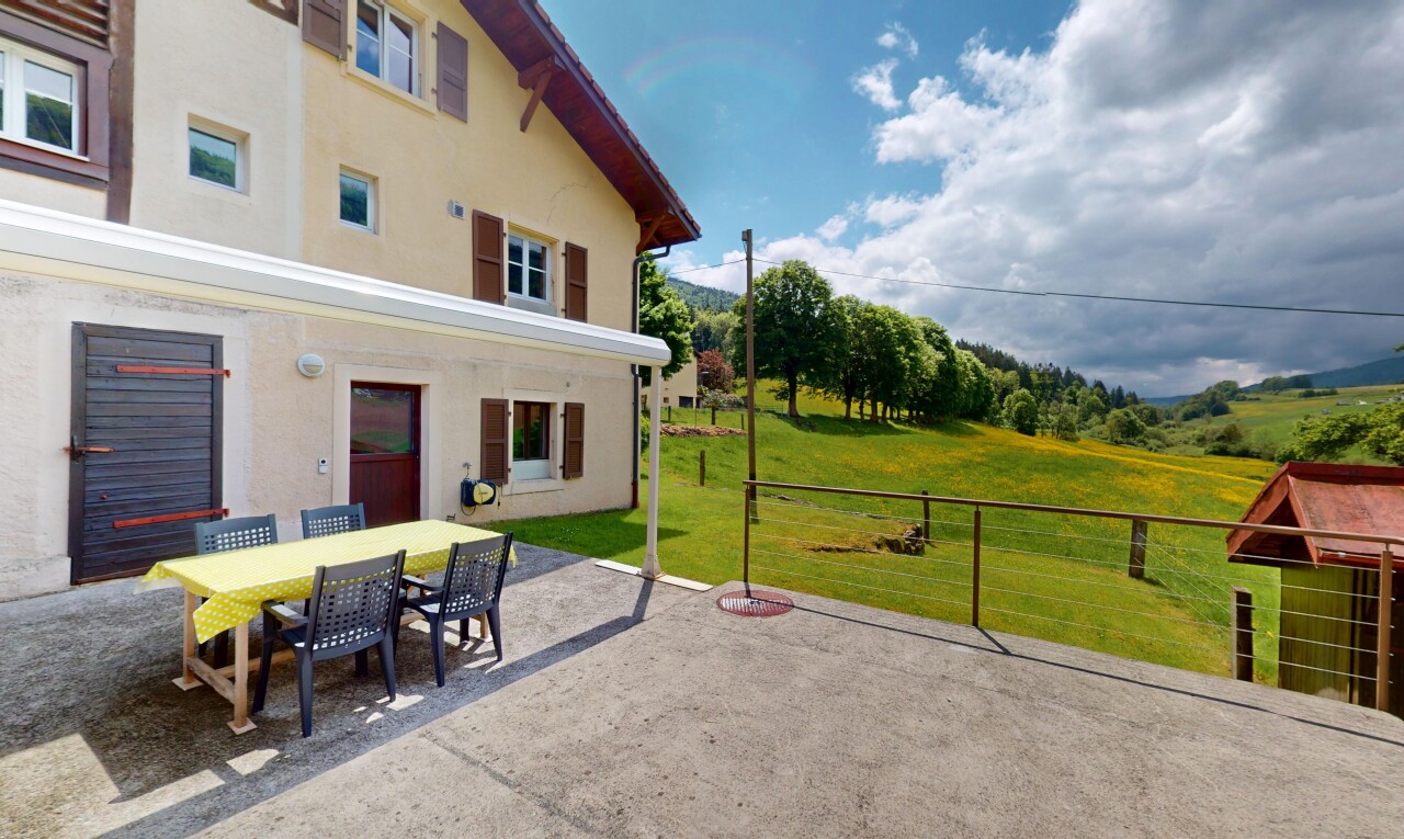 terrasse avec terrasse, coin repas extérieur, pelouse, et day time