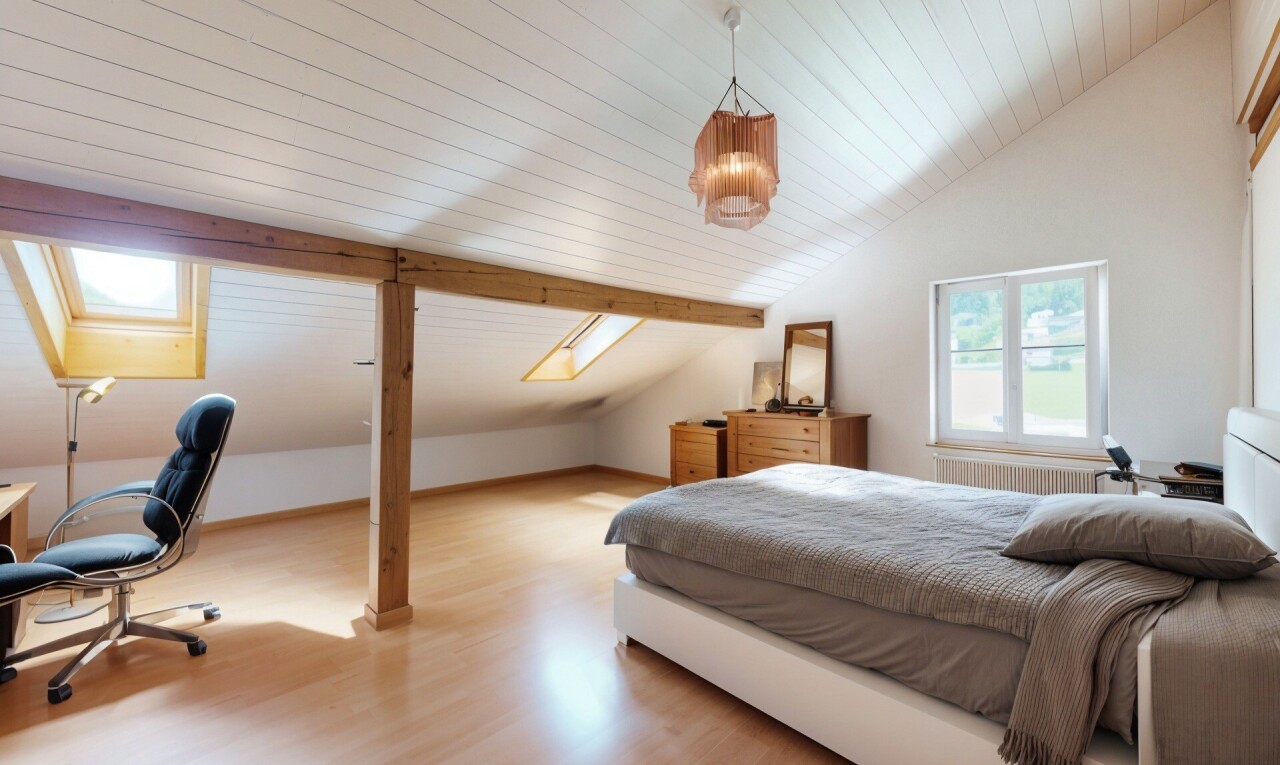 chambre avec plafond voûté, vaulted ceiling, lumière naturelle, natural light, et inside property