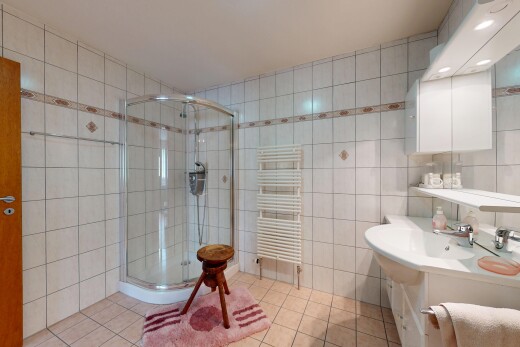 salle de bains avec radiateur, mur en carrelage, tile wall, miroir, et inside property