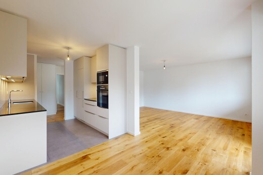 küche mit inside property, weiße schränke, schränke mit flachen paneelen, wood finish floor, und holzfußboden