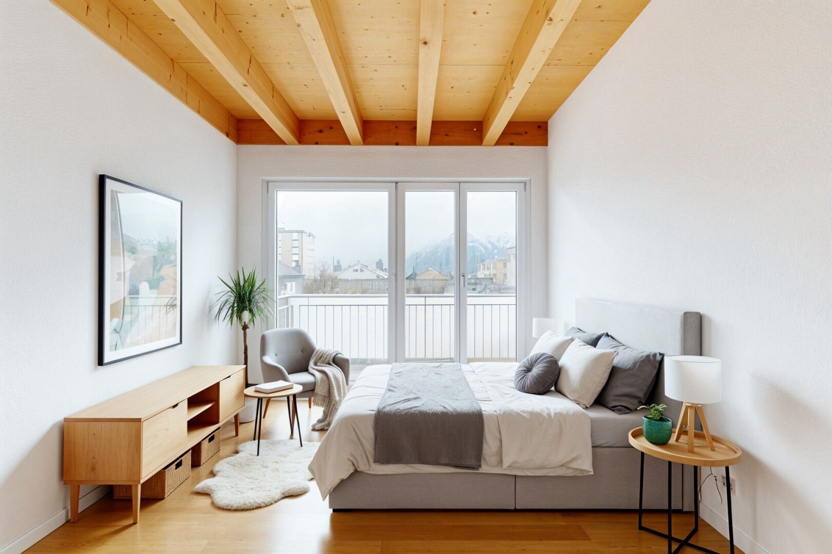 chambre avec inside property, lumière naturelle, natural light, plafond à poutres, et beamed ceiling