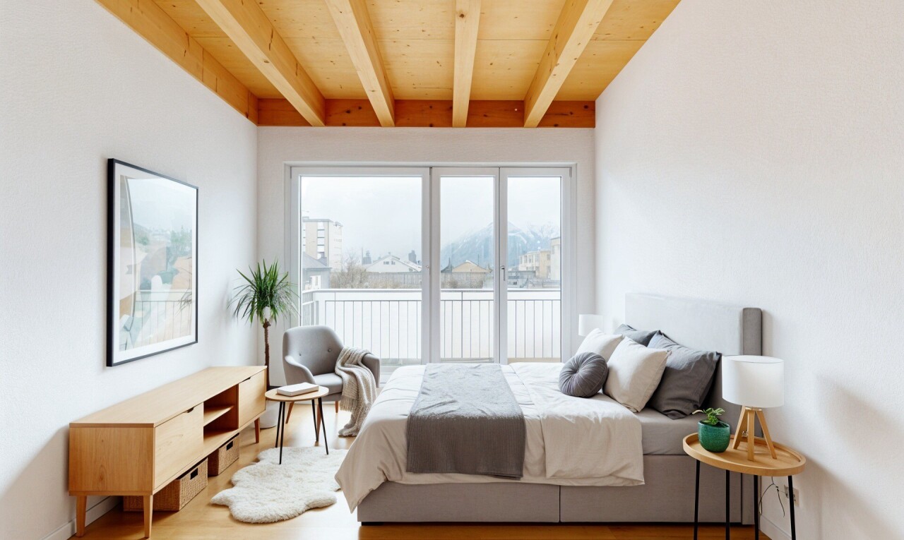 chambre avec inside property, lumière naturelle, natural light, plafond à poutres, et beamed ceiling