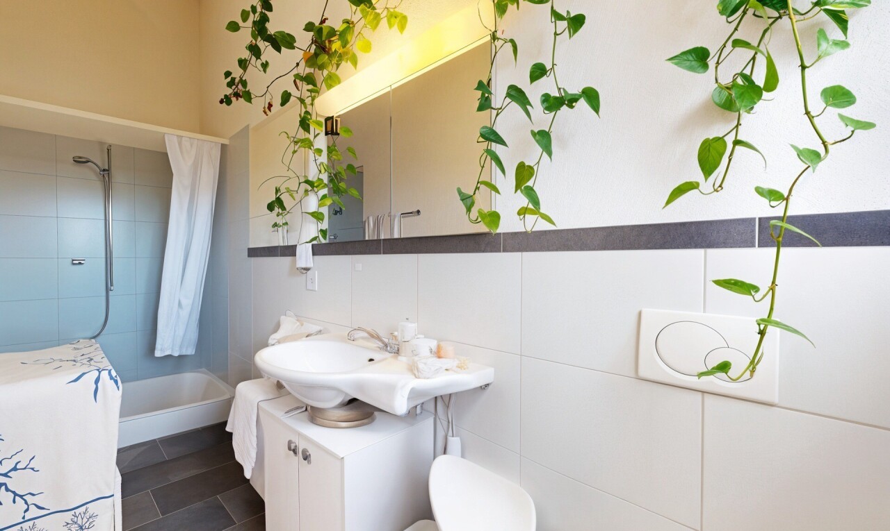 salle de bains avec miroir, lavabo (ou coiffeuse selon le contexte), salle de bain complète, mur en carrelage, et tile wall