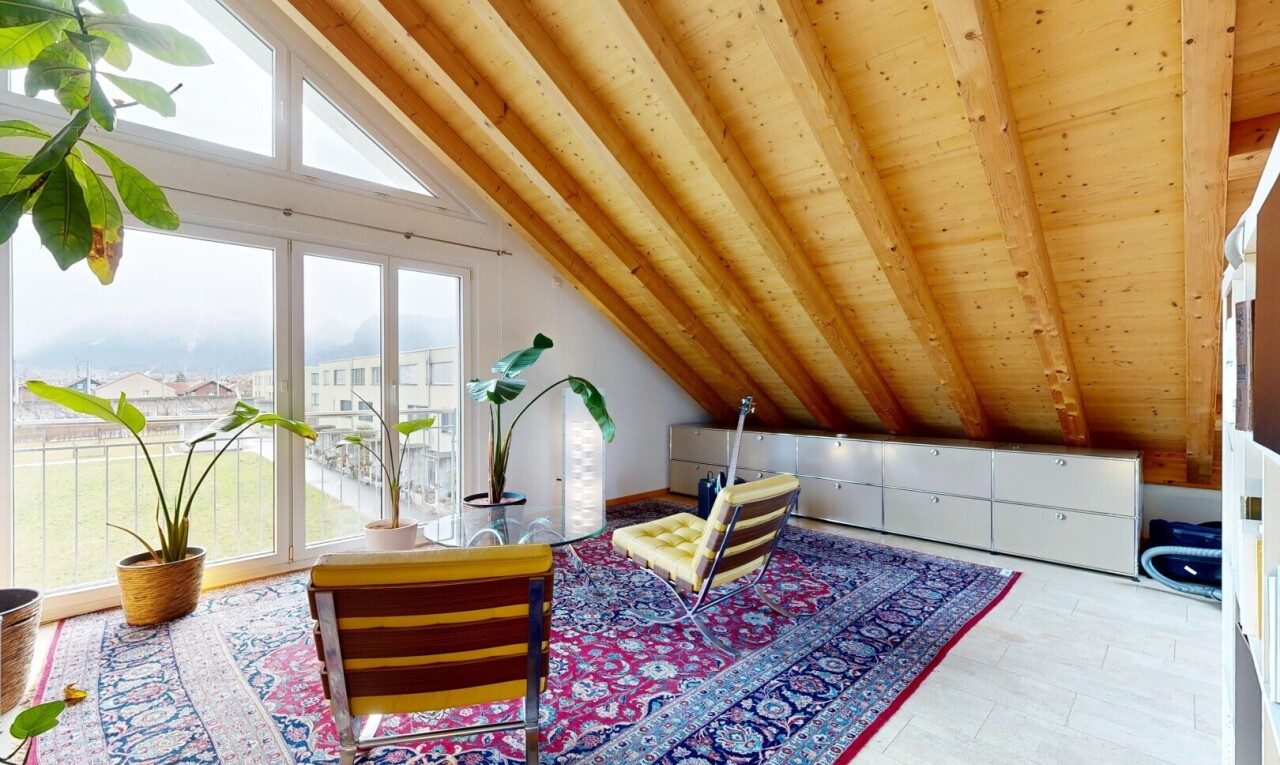 salon avec plafond voûté, vaulted ceiling, plafond à poutres, beamed ceiling, et lumière naturelle