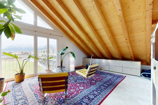 salon avec plafond voûté, vaulted ceiling, plafond à poutres, beamed ceiling, et lumière naturelle
