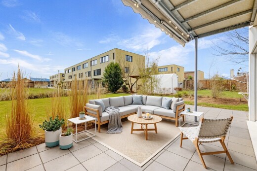 terrasse mit markise, from property, day time, terrasse, und virtually staged