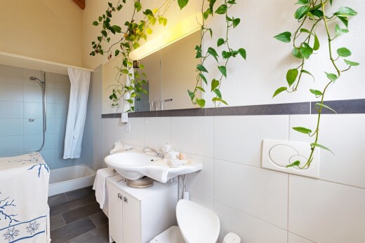 salle de bains avec miroir, lavabo (ou coiffeuse selon le contexte), salle de bain complète, mur en carrelage, et tile wall