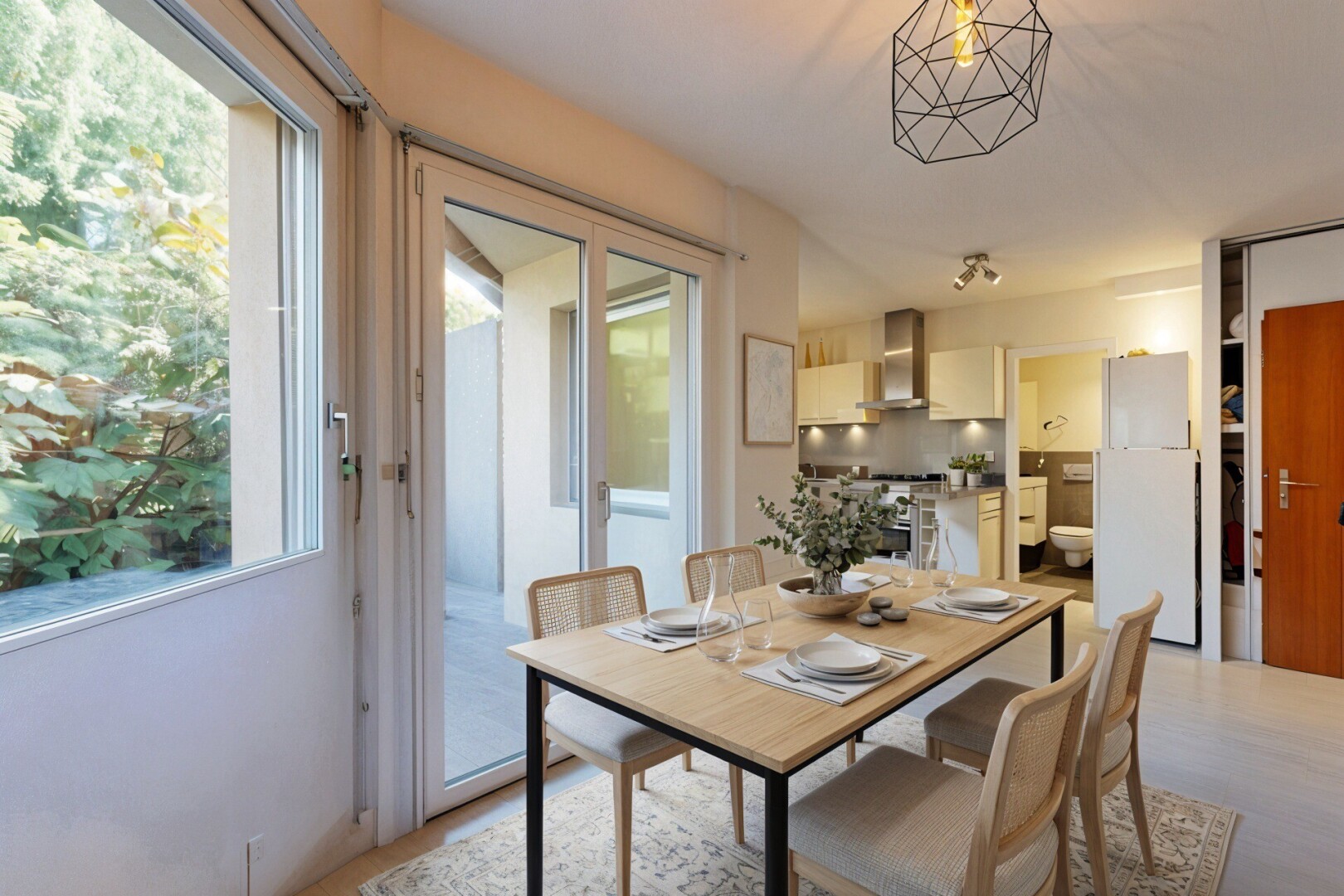 dining room with hanging lights