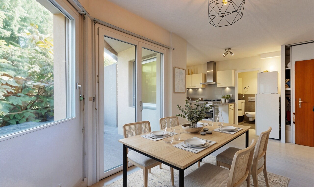 dining room with hanging lights