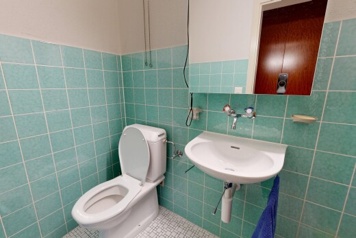 bad mit fliesenboden, tile floor, gäste-wc, toilette, und waschbecken