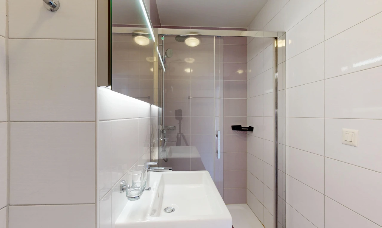 salle de bains avec douche, salle de bain complète, évier, miroir, et tile wall
