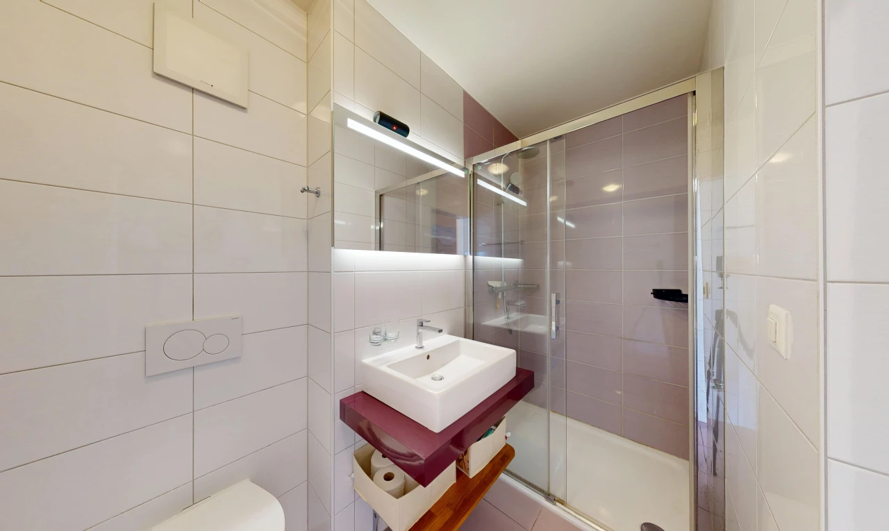 salle de bains avec lavabo (ou coiffeuse selon le contexte), évier, miroir, douche, et salle de bain complète