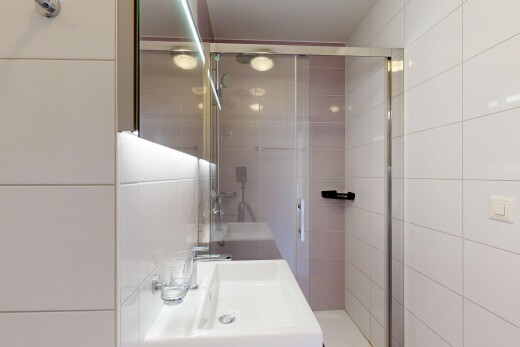 salle de bains avec douche, salle de bain complète, évier, miroir, et tile wall
