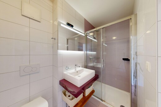 salle de bains avec lavabo (ou coiffeuse selon le contexte), évier, miroir, douche, et salle de bain complète