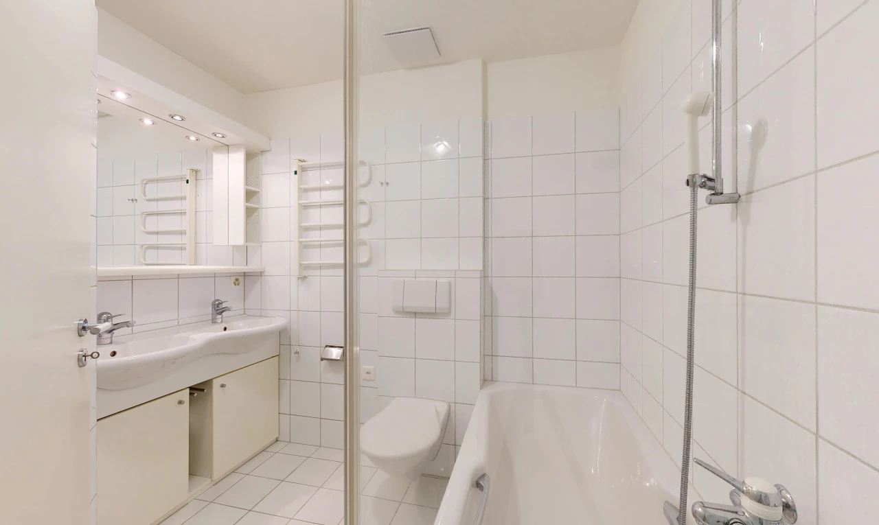bad mit komplettes badezimmer, tile wall, fliesenwand, doppelwaschtisch, und waschbecken