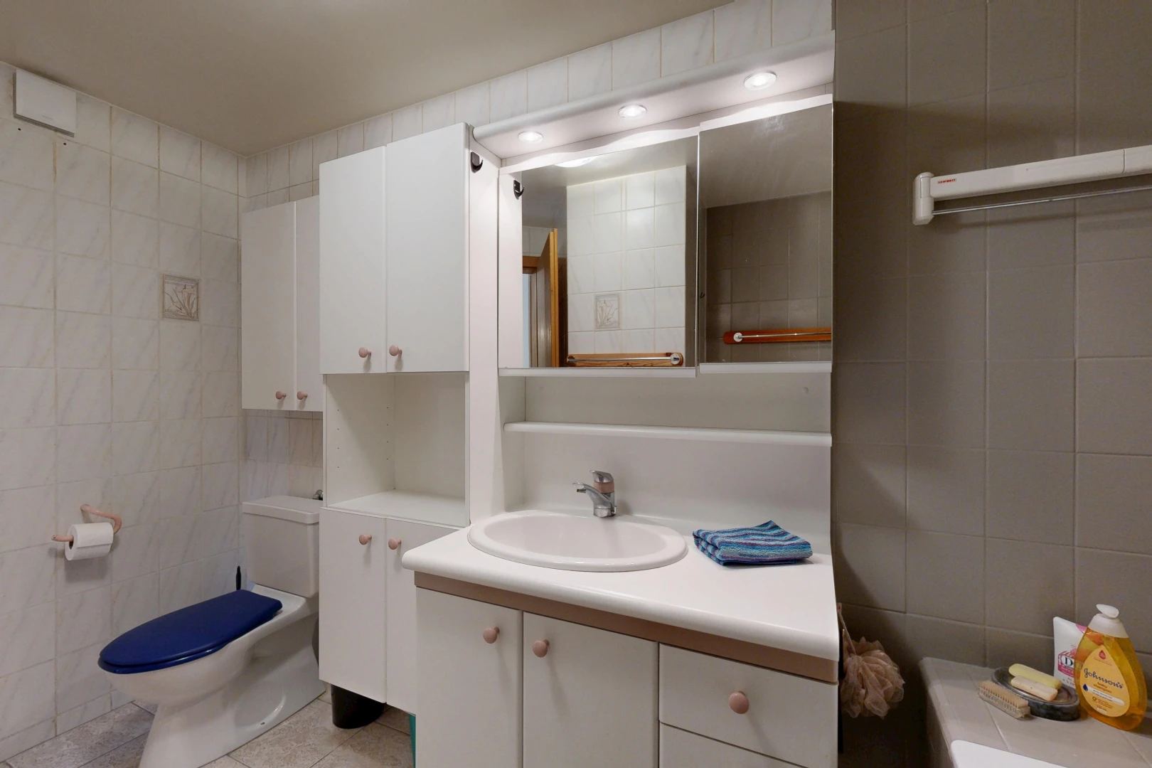 salle de bains avec toilette, mur en carrelage, tile wall, miroir, et évier