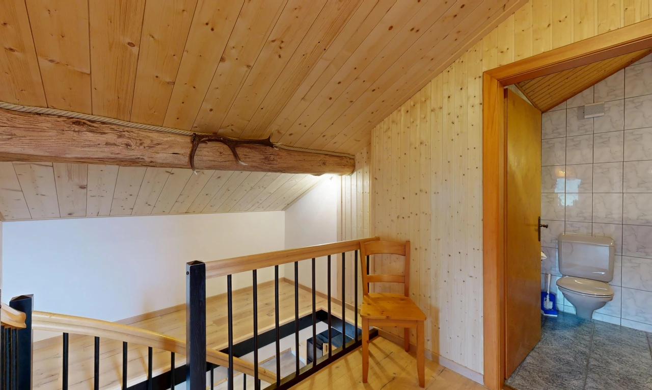 escaliers avec plafond en bois, wood ceiling, inside property, cloison sèche, et drywall