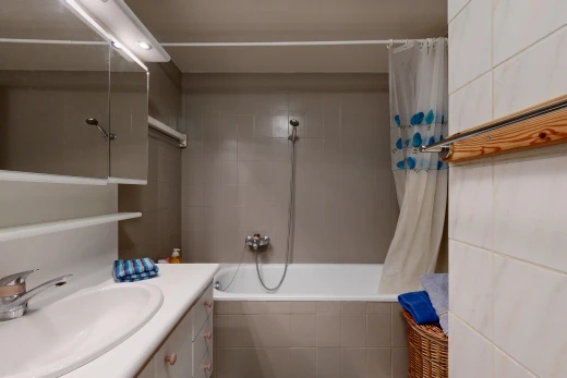 salle de bains avec lavabo (ou coiffeuse selon le contexte), évier, salle de bain complète, douche-bain combinés, et miroir