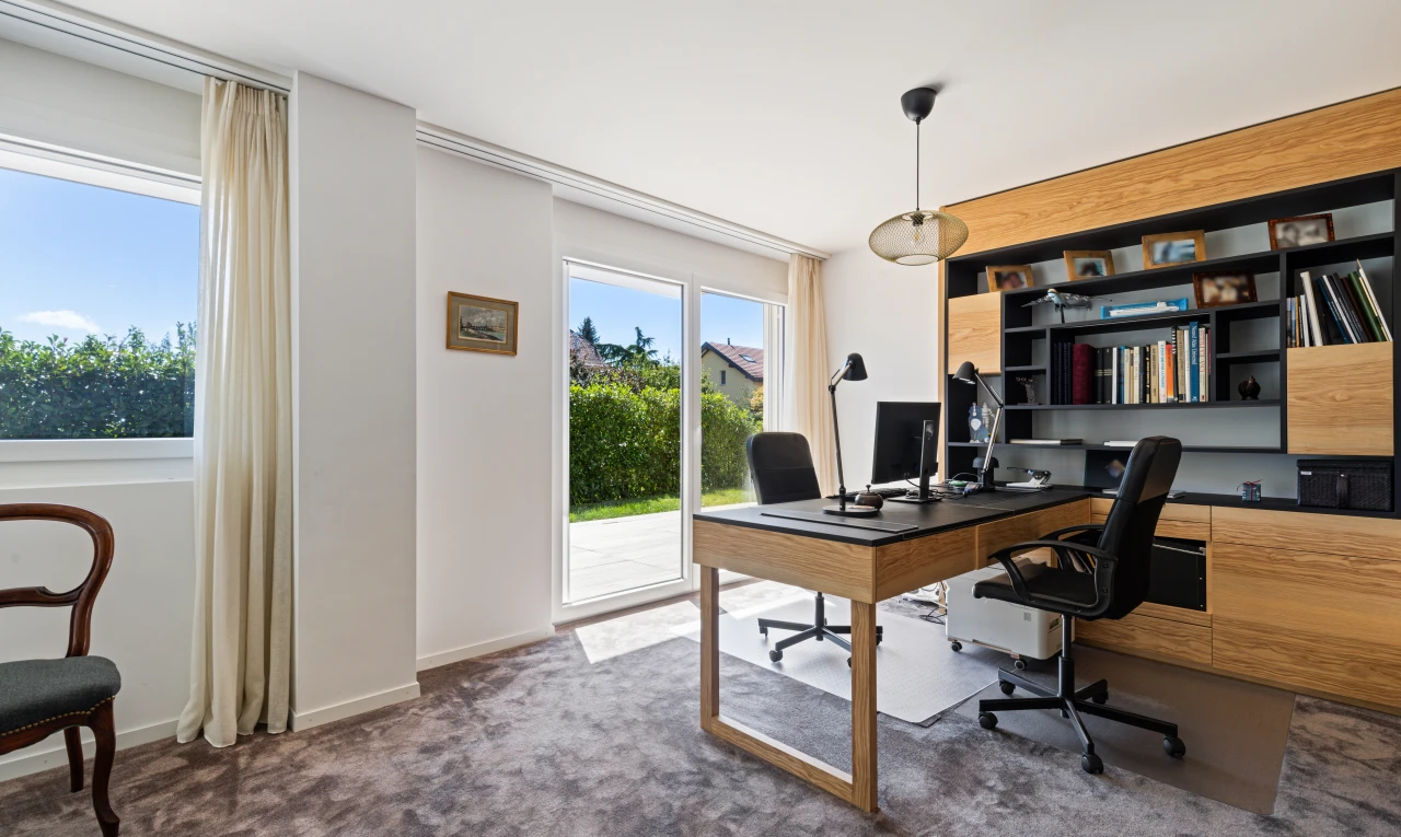 bureau avec étagères intégrées, éclairage suspendu, moquette, carpet, et cloison sèche