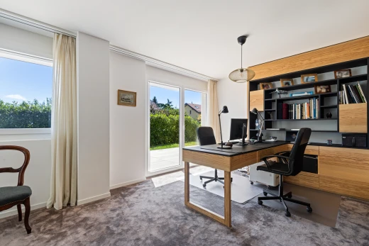 bureau avec étagères intégrées, éclairage suspendu, moquette, carpet, et cloison sèche