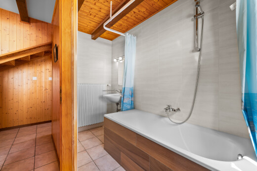 salle de bains avec douche-bain combinés, mur en bois, wood wall, salle de bain complète, et radiateur