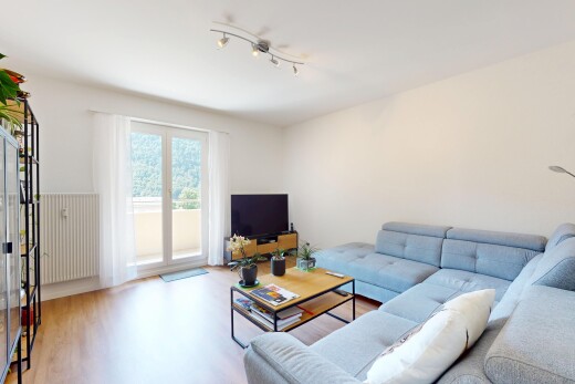 wohnzimmer mit fernseher, inside property, natürliches licht, natural light, und holzfußboden