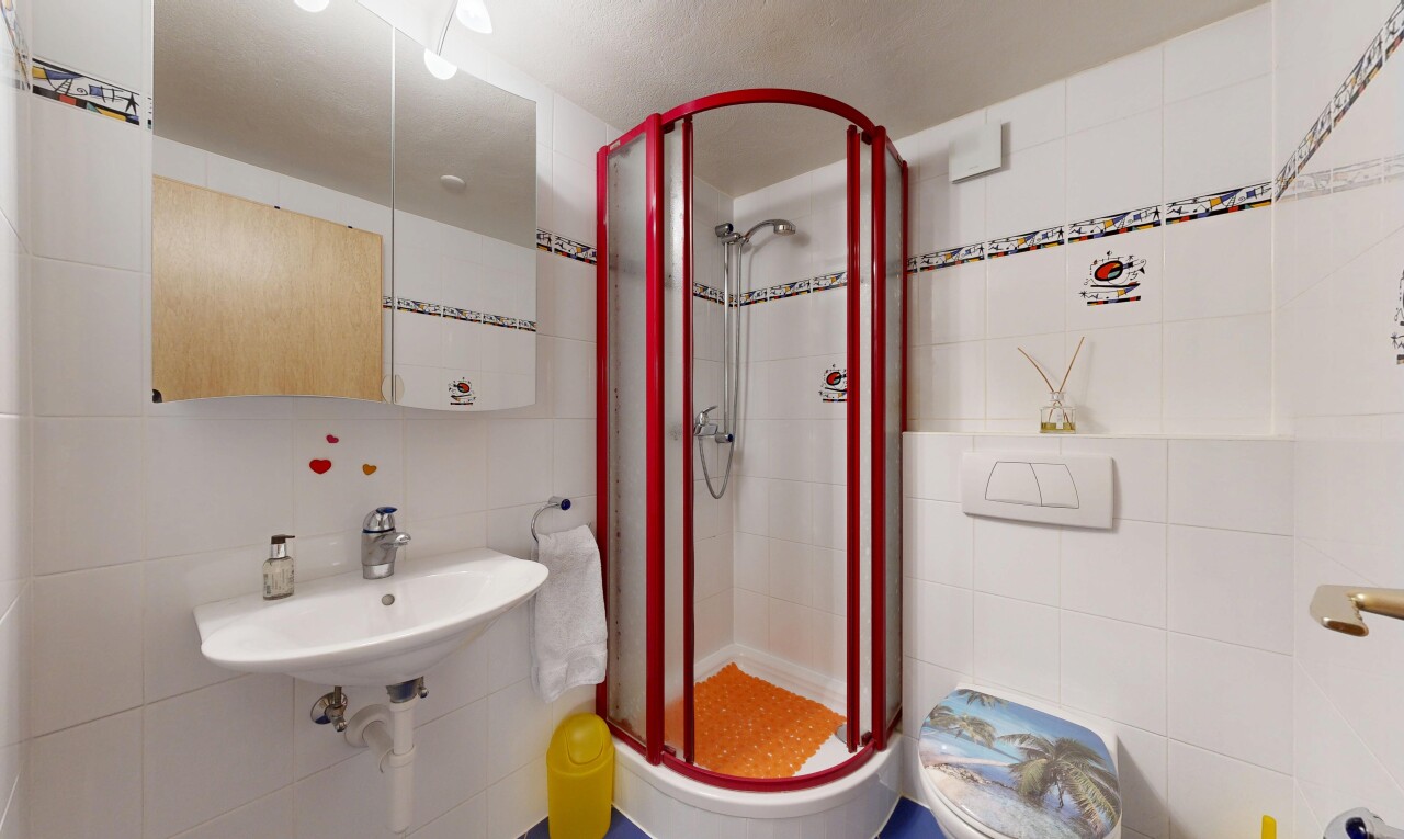 bad mit fliesenwand, tile wall, spiegel, komplettes badezimmer, und dusche