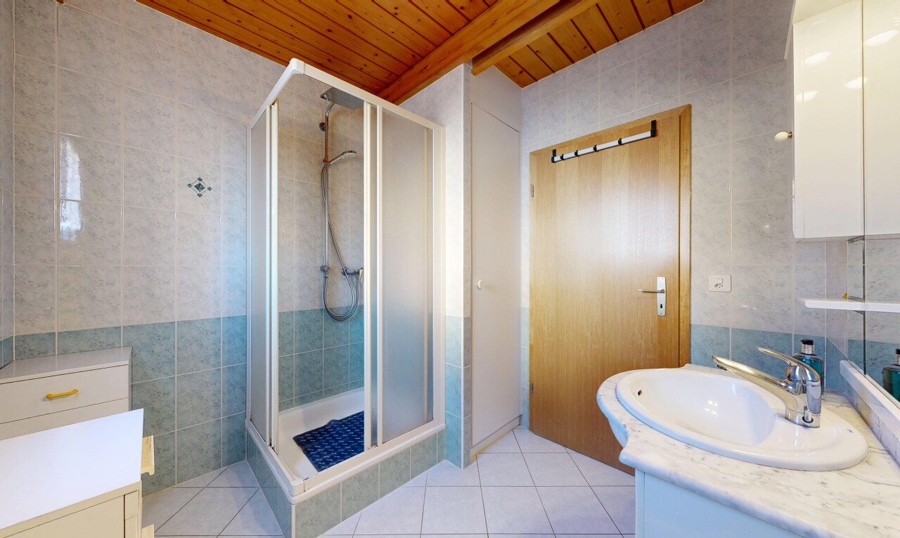 bad mit fliesenwand, tile wall, schminktisch, holzdecke, und wood ceiling