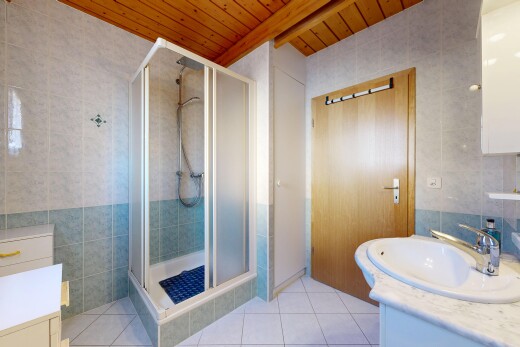 bad mit fliesenwand, tile wall, schminktisch, holzdecke, und wood ceiling