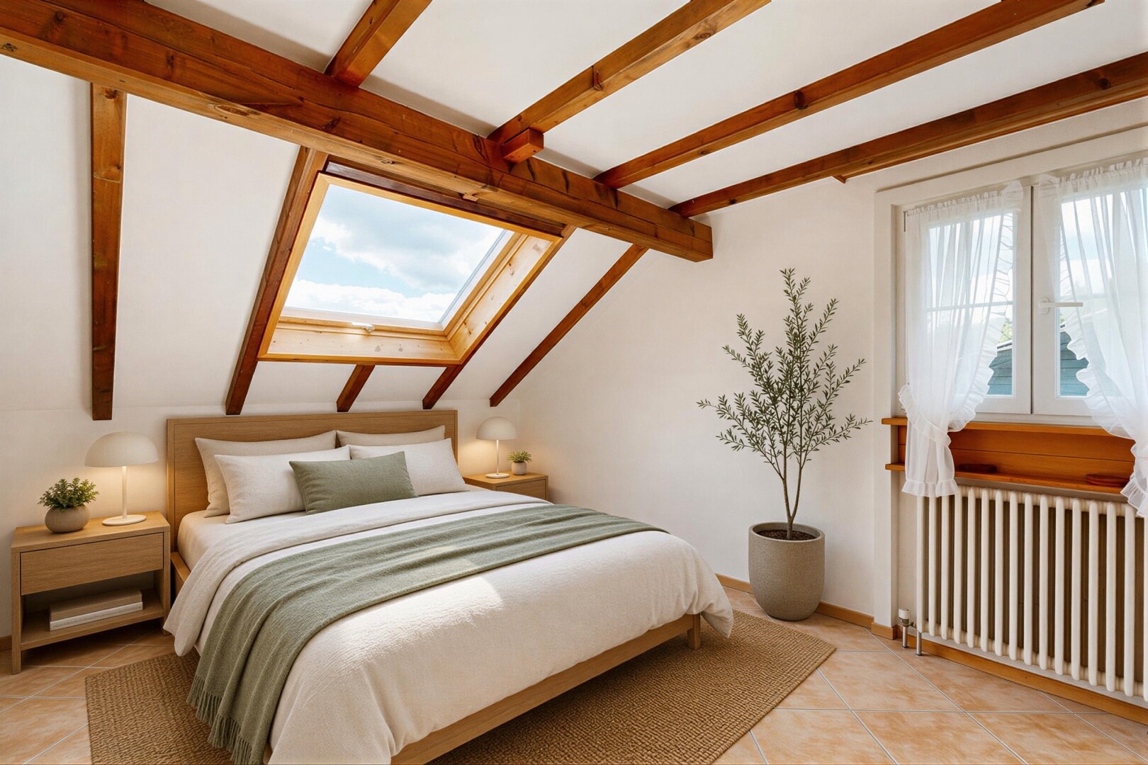 chambre avec puits de lumière, beamed ceiling, plafond à poutres, radiateur, et inside property