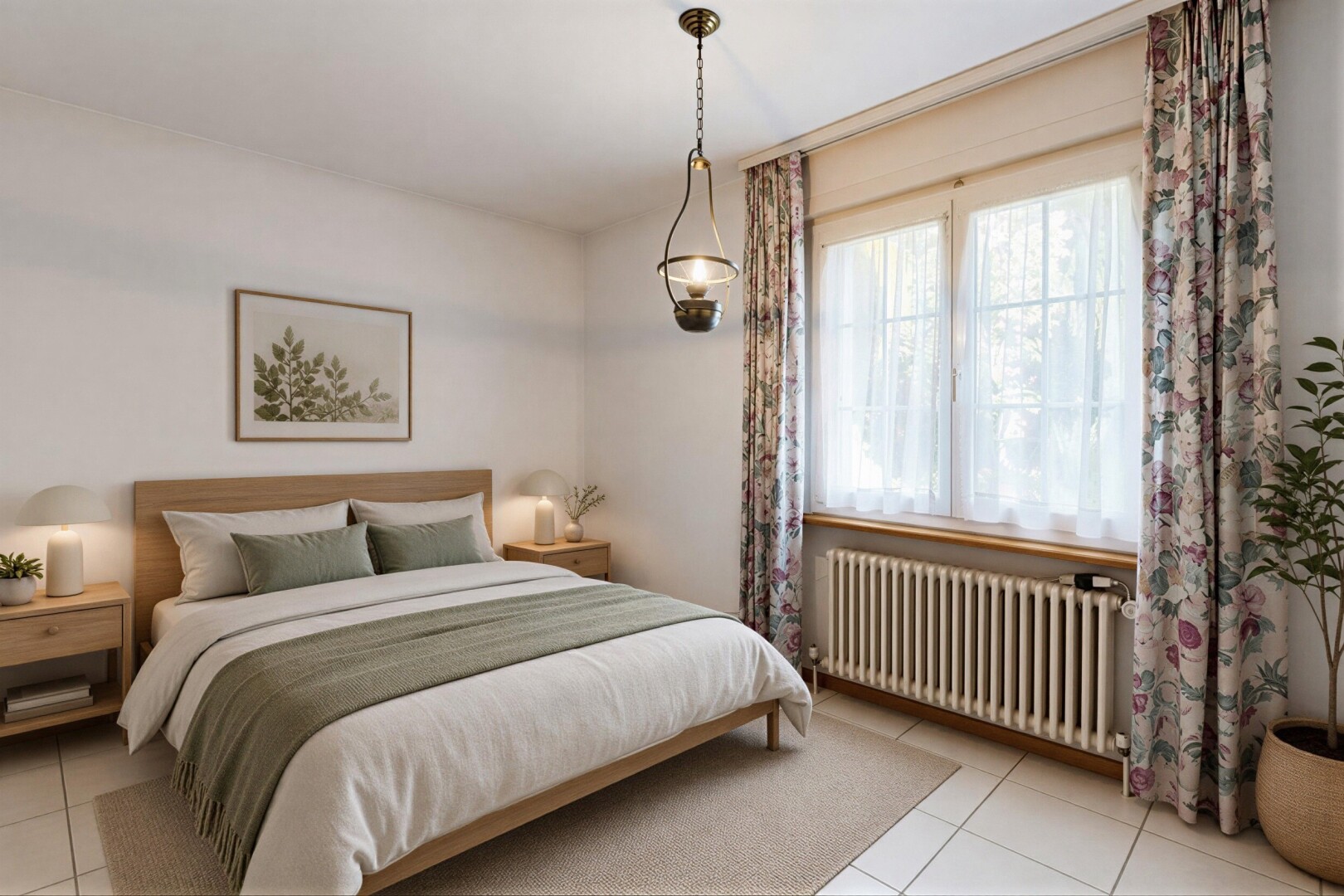 chambre avec radiateur, cloison sèche, drywall, inside property, et sol en carrelage