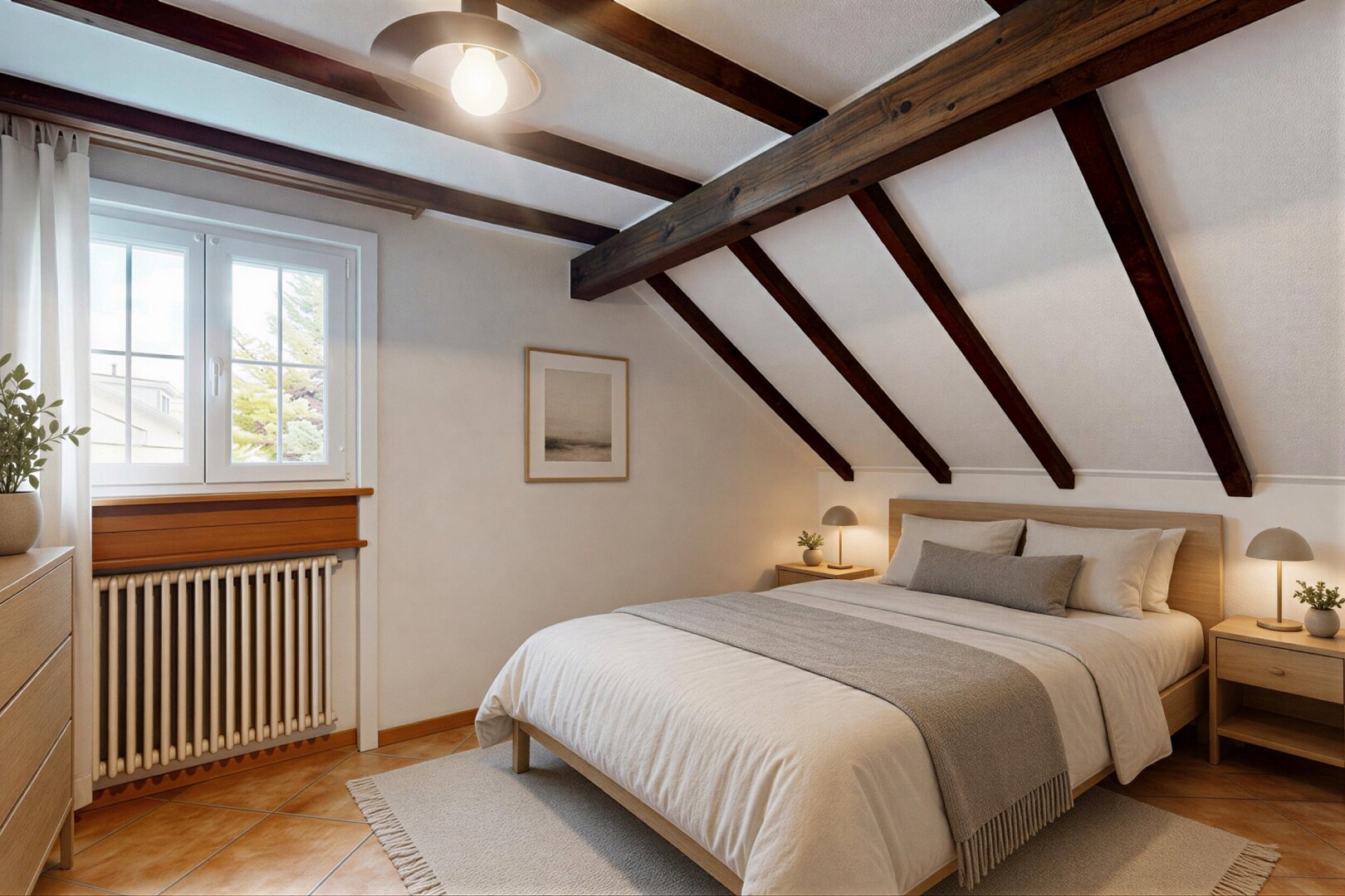 chambre avec radiateur, plafond à poutres, beamed ceiling, inside property, et plafond voûté