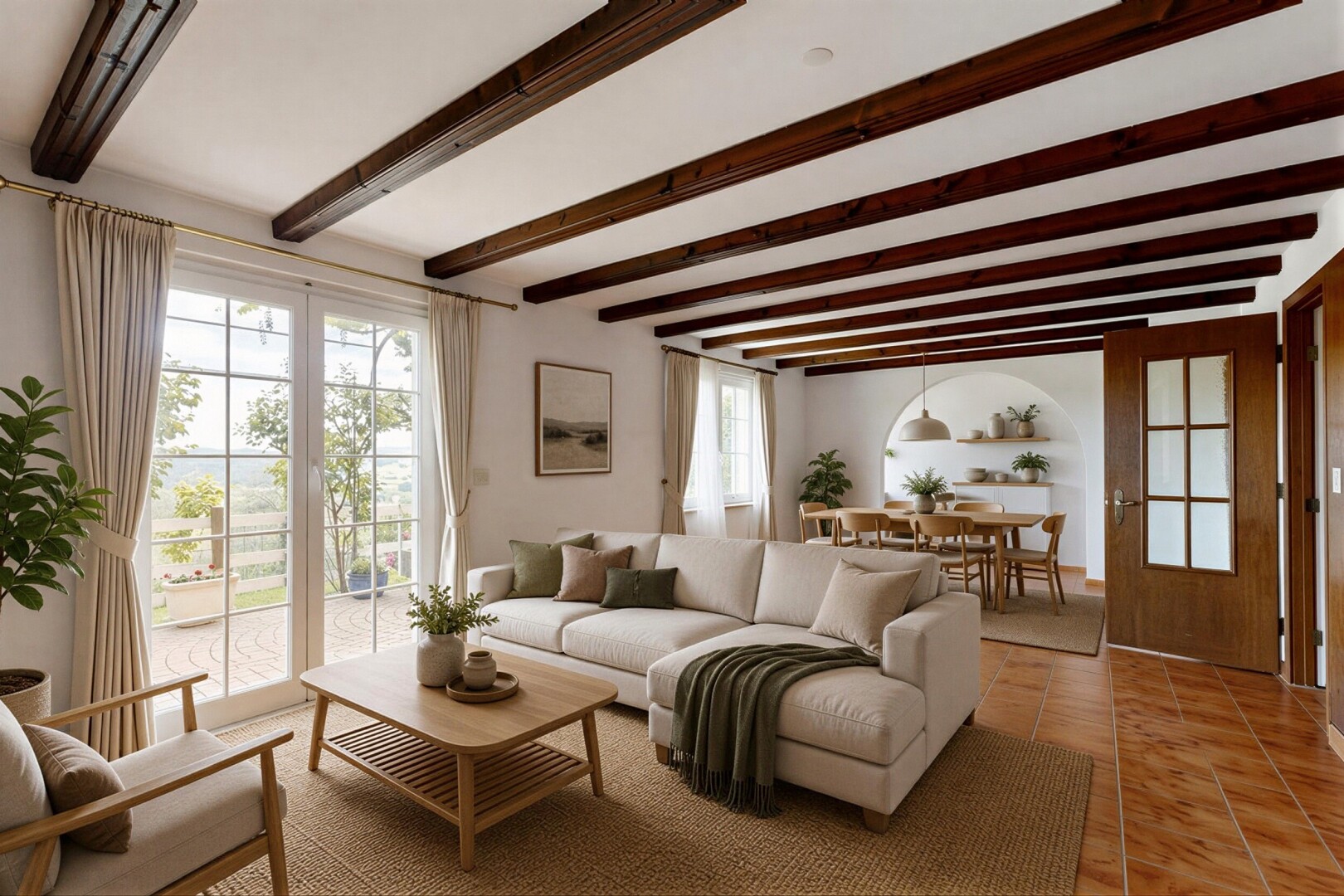 salon / salle à manger avec inside property, lumière naturelle, natural light, virtually staged, et plafond à poutres