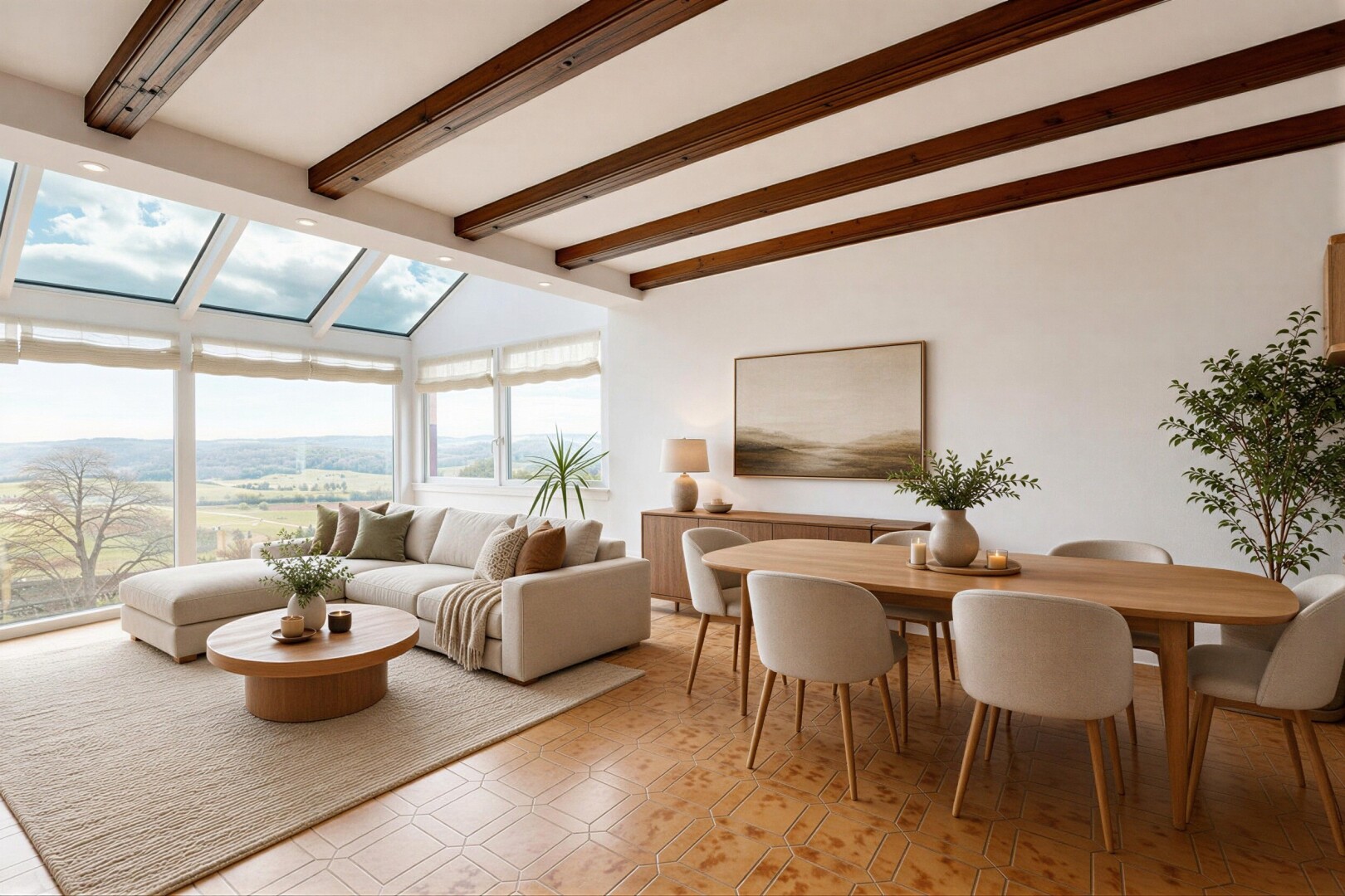 salon / salle à manger avec plafond à poutres, beamed ceiling, lumière naturelle, natural light, et inside property