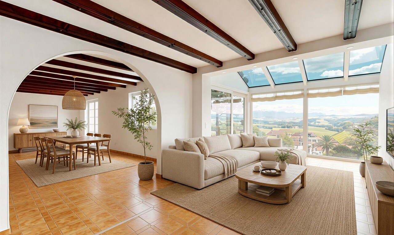 salon / salle à manger avec plafond à poutres, beamed ceiling, inside property, day time, et passages en arc