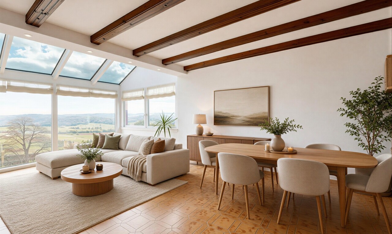 salon / salle à manger avec plafond à poutres, beamed ceiling, lumière naturelle, natural light, et inside property