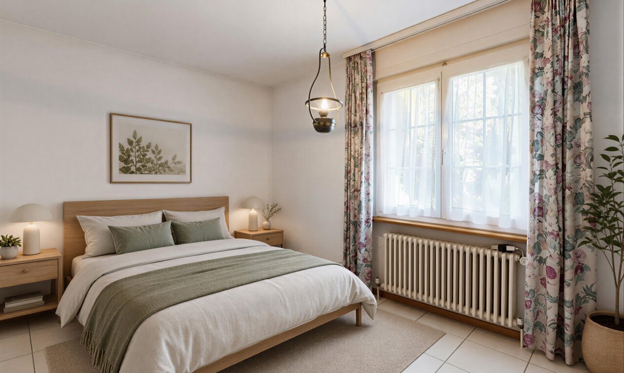 chambre avec radiateur, cloison sèche, drywall, inside property, et sol en carrelage