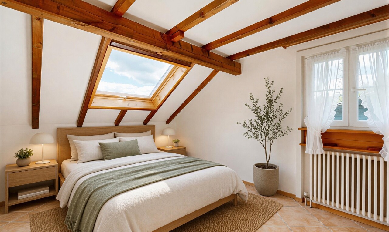 chambre avec puits de lumière, beamed ceiling, plafond à poutres, radiateur, et inside property