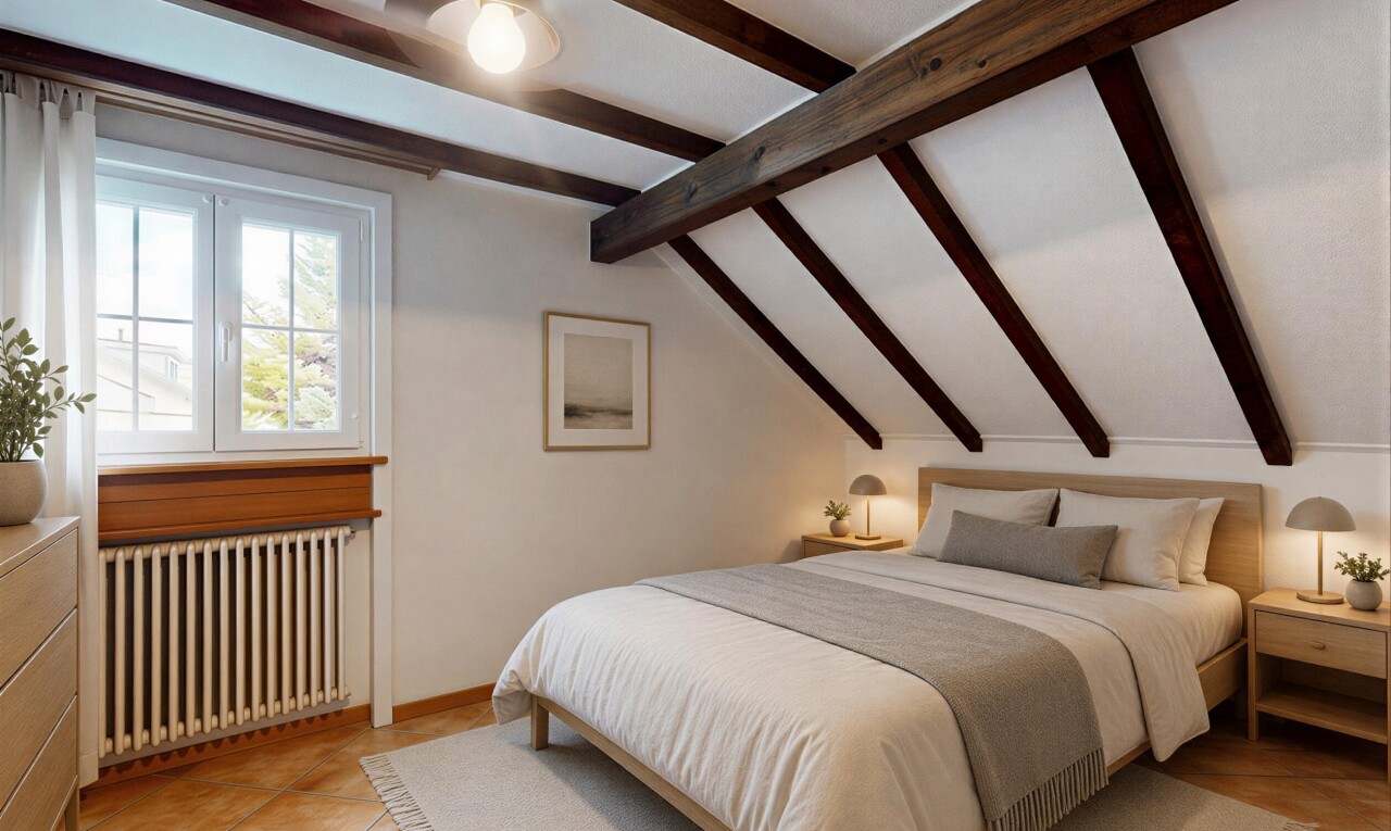 chambre avec radiateur, plafond à poutres, beamed ceiling, inside property, et plafond voûté