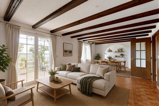 salon / salle à manger avec inside property, lumière naturelle, natural light, virtually staged, et plafond à poutres