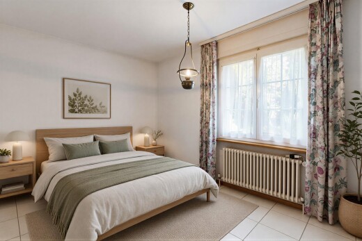 chambre avec radiateur, cloison sèche, drywall, inside property, et sol en carrelage