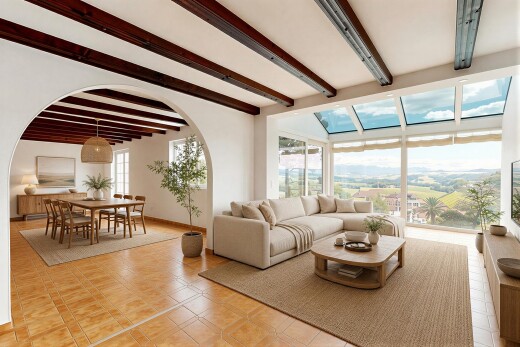 salon / salle à manger avec plafond à poutres, beamed ceiling, inside property, day time, et passages en arc